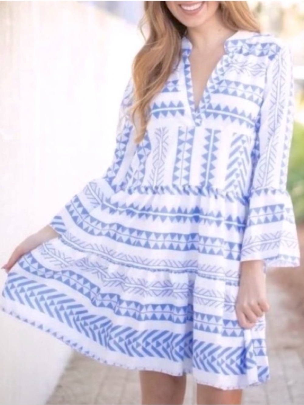 Arthur Jane Claire Blue White Aztec Print Tiered Dress, Size Large NEW